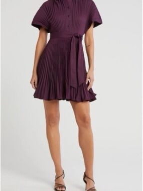 DKNY Sunburst Pleated Shirtdress with Tie Belt - Plum - Size 8